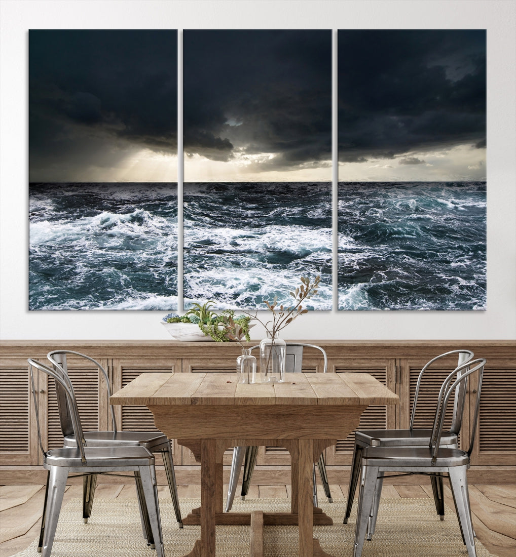 Impresión artística en lienzo grande de océano y tormenta para decoración del hogar, gran impresión lista para colgar, océano y