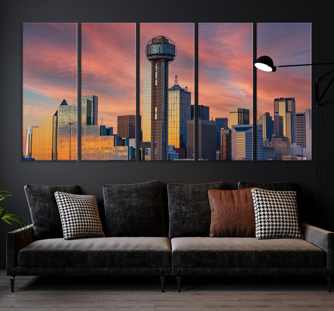 Dallas City Tower Sunset Skyline Cityscape View Wall Art Canvas Print