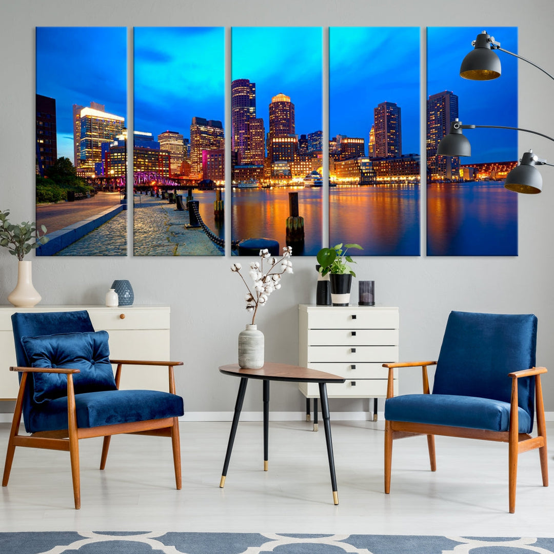 Boston City Lights Night Blue Skyline Cityscape View Wall Art Impression sur toile