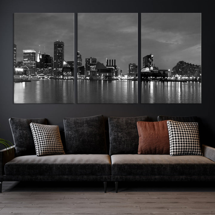 Baltimore City Cloudy Skyline Art mural noir et blanc Paysage urbain Impression sur toile