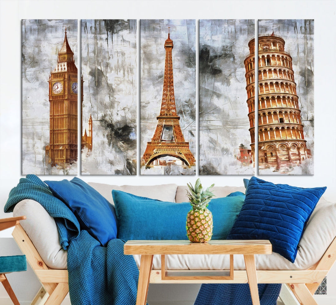 Juego de Big Ben Torre Eiffel y Torre de Pisa Arte de pared Impresión en lienzo extra grande enmarcado listo para colgar Multi Panel Decoración de pared Regalo de cumpleaños Arte imprimible Sala de estar Dormitorio Cocina Decoración del hogar