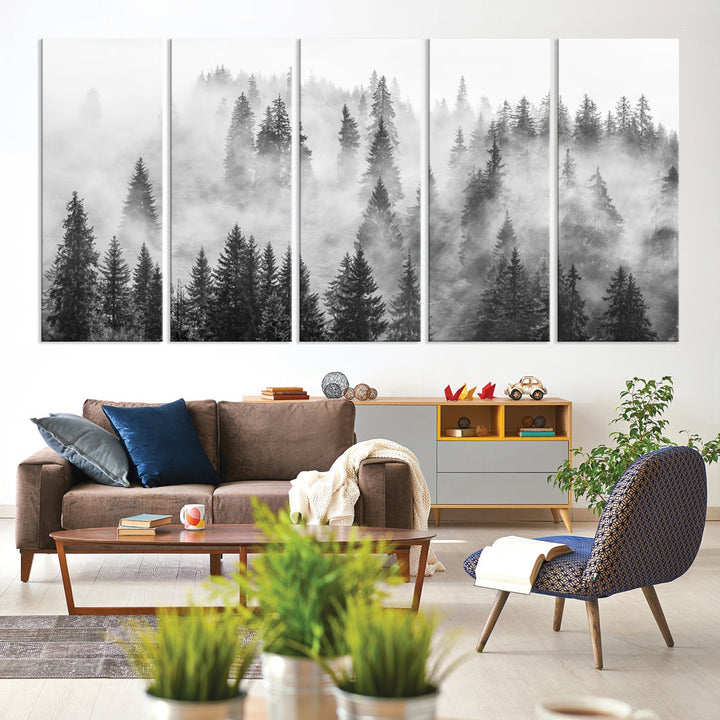 Impression sur toile d’art mural de forêt brumeuse, impression sur toile d’art mural d’arbres brumeux