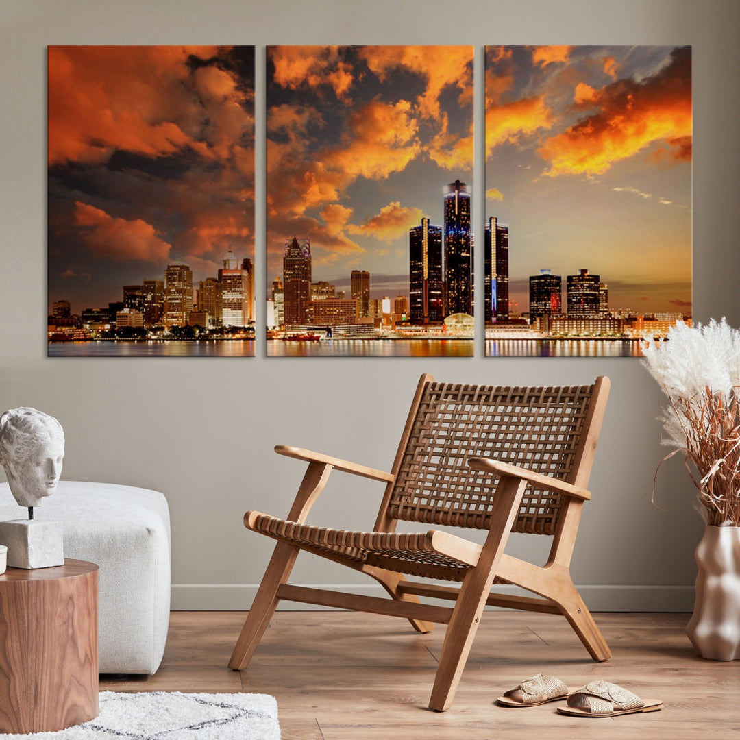 Detroit City Lights Sunset Orange Cloudy Skyline Cityscape View Wall Art Canvas Print