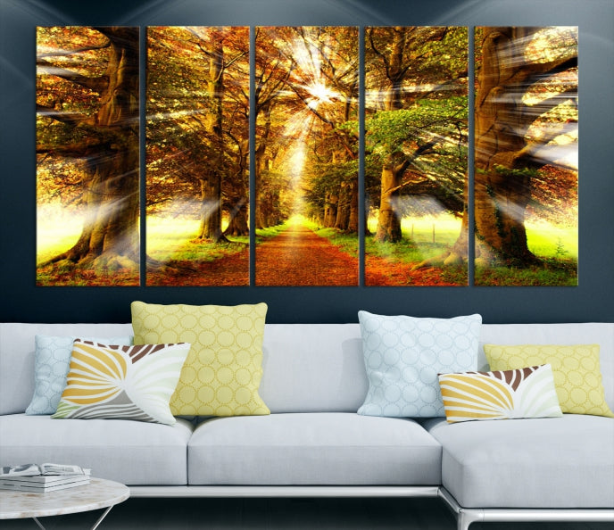 Soleil dans la forêt et les arbres Wall Art Impression sur toile