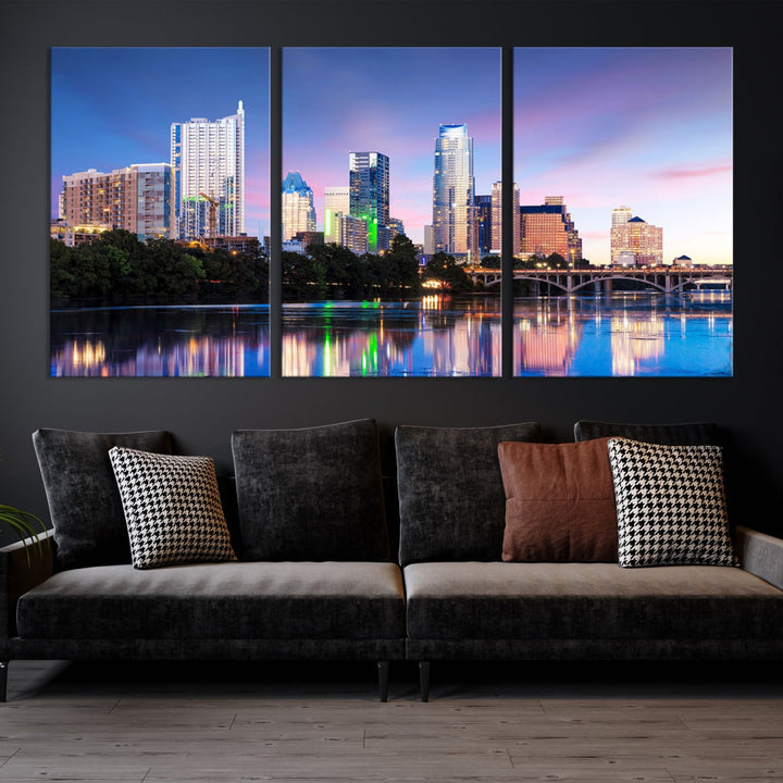 Luces de la ciudad de Austin Puesta de sol Vista del paisaje urbano del horizonte azul y morado Arte de pared grande Lienzo