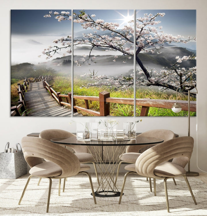 Sakura flor lienzo impresión Montaña pared arte Naturaleza pared decoración Cerezo Flor Smoky montaña Multi panel lienzo Sala de estar arte de la pared