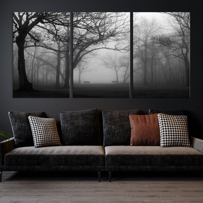 Art mural de forêt brumeuse noir et blanc Impression sur toile