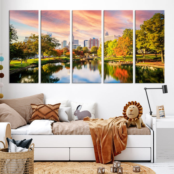 Charlotte City Park Sunset Rose et Orange Skyline Impression sur toile
