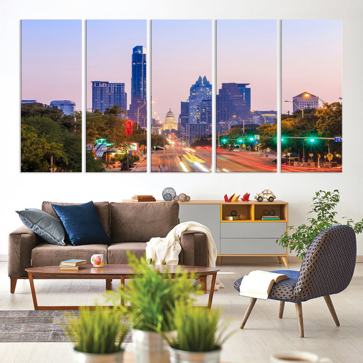 Austin City Lights Coucher de soleil Violet Skyline Paysage urbain Vue Art mural Impression sur toile