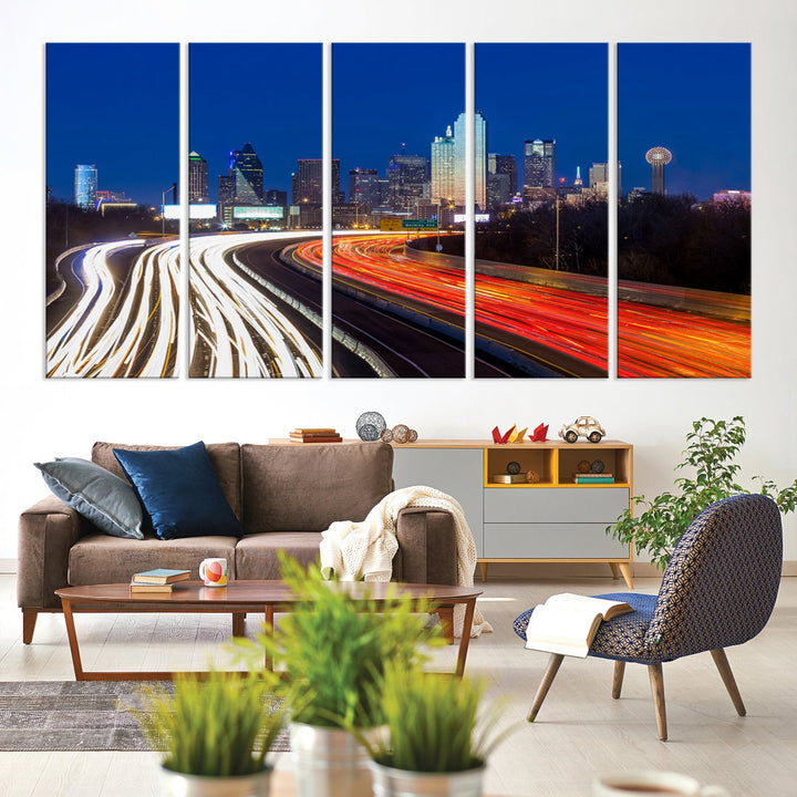 Dallas City Street Lights Night Skyline Cityscape View Wall Art Canvas Print