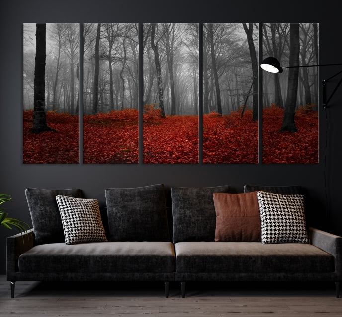 Arte de pared de bosque oscuro y hojas rojas Lienzo