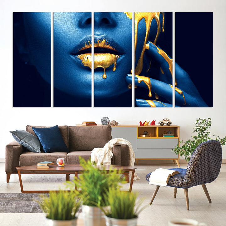 Néon bleu or lèvres photographie toile mur Art impression mode Art beauté