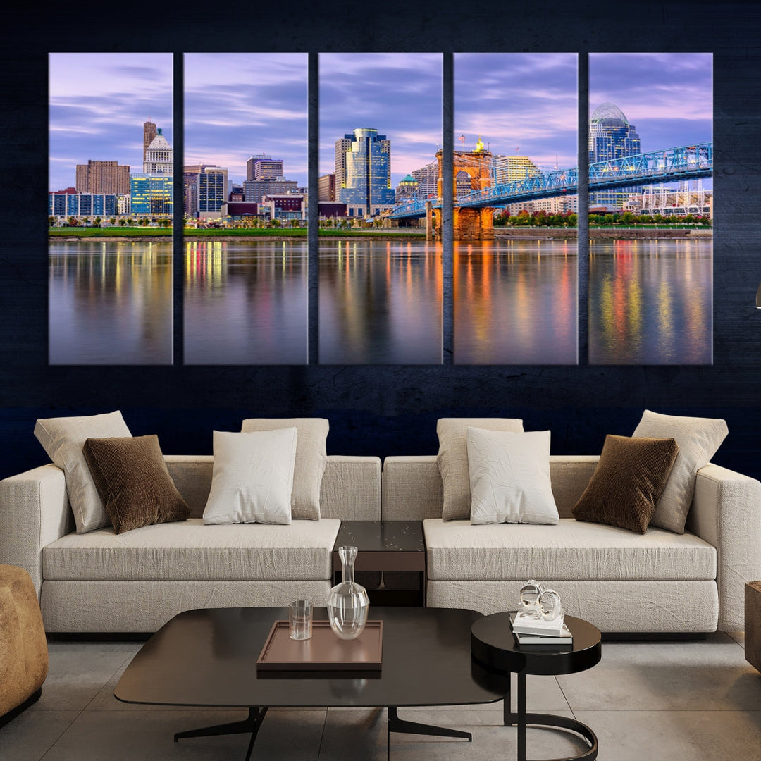 Cincinnati City Lights Sunset Purple Cloudy Skyline Cityscape View Wall Art Canvas Print
