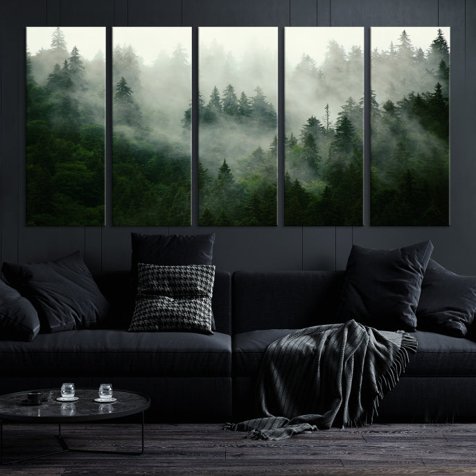 Impresionante lienzo de arte de pared grande con paisaje de bosque brumoso