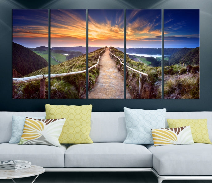 Lienzo decorativo para pared grande con montaña y puesta de sol