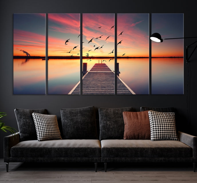 Pont de bois et art mural au coucher du soleil Impression sur toile