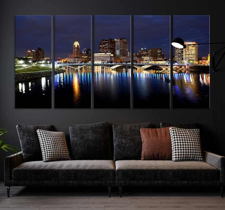 Impresión en lienzo de arte de pared grande con vista del paisaje urbano del horizonte nocturno de las luces de la ciudad de Columbus