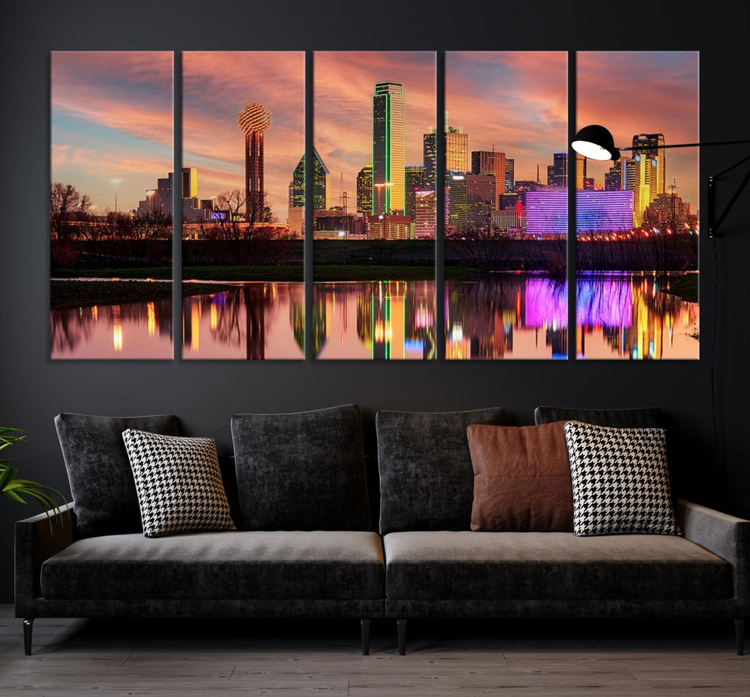 Dallas City Lights Sunset Colorful Cloudy Skyline Cityscape View Wall Art Canvas Print