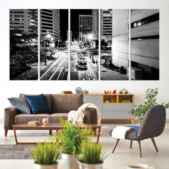 Baltimore City Lights Streetview Black and White Wall Art Cityscape Canvas Print