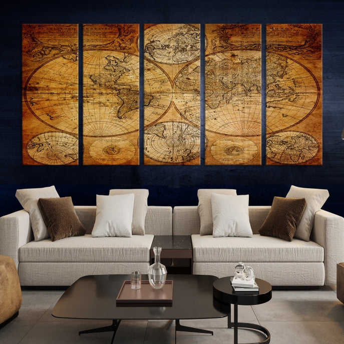 Mapamundi vintage con arte de pared grande de dos hemisferios Lienzo
