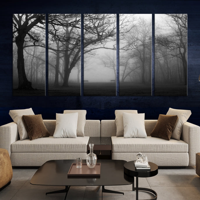 Black and White Foggy Forest Wall Art Canvas Print