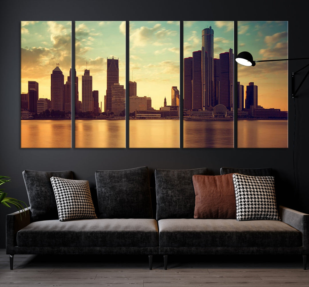 Detroit City Sunset Cloudy Skyline Cityscape View Art mural Impression sur toile