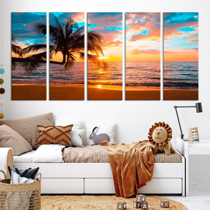 Impresión en lienzo del arte de la pared de la puesta del sol de la palmera en la playa