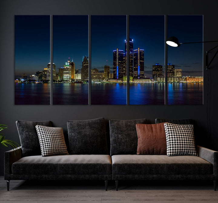 Impresión en lienzo de arte de pared grande con vista del paisaje urbano del horizonte nocturno de las luces de la ciudad de Detroit