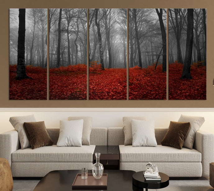Forêt sombre et feuilles rouges Art mural Impression sur toile