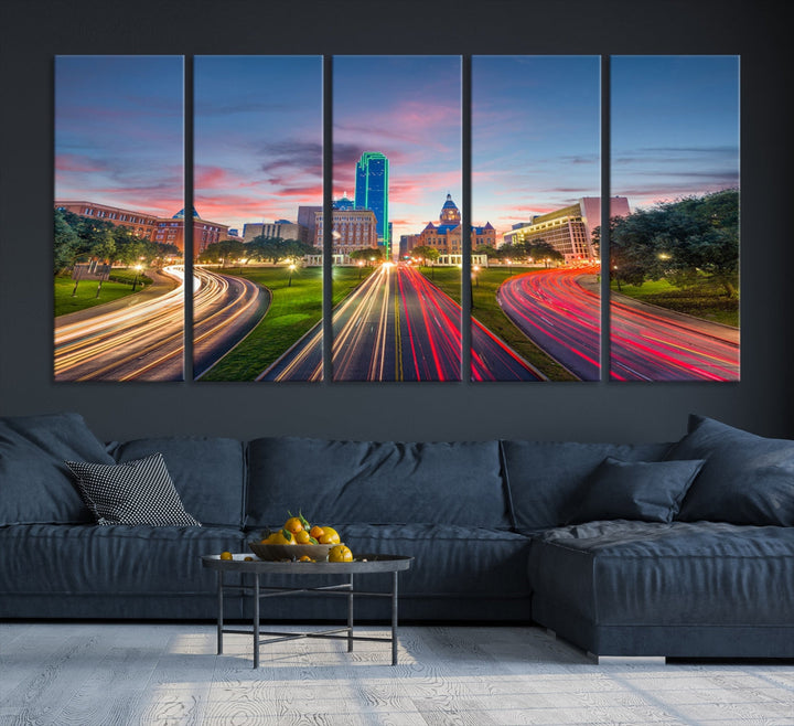 Dallas City Street Lights Sunset Pink Cloudy Skyline Cityscape View Wall Art Canvas Print