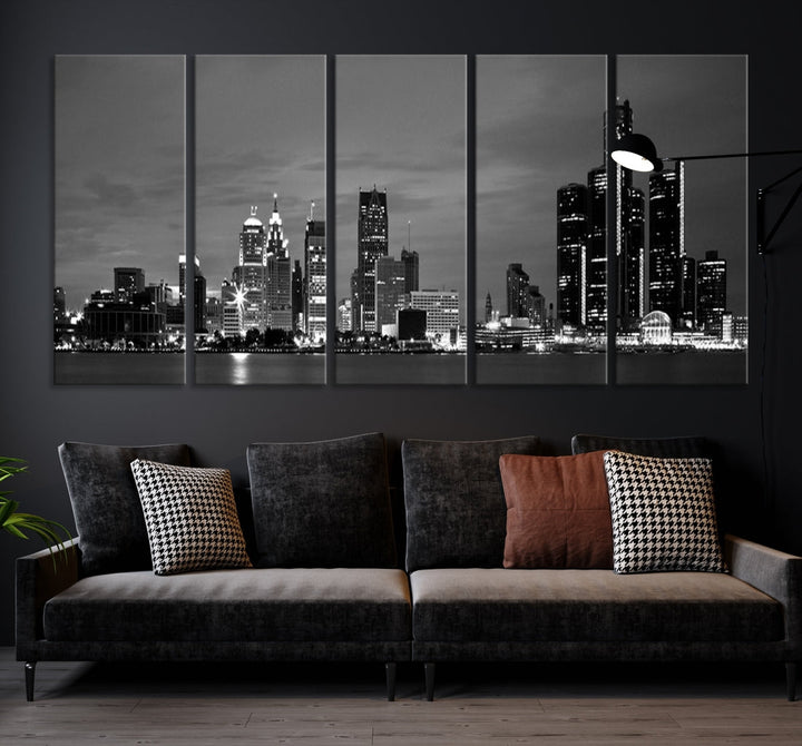 Detroit City Lights Skyline Black and White Wall Art Cityscape Canvas Print