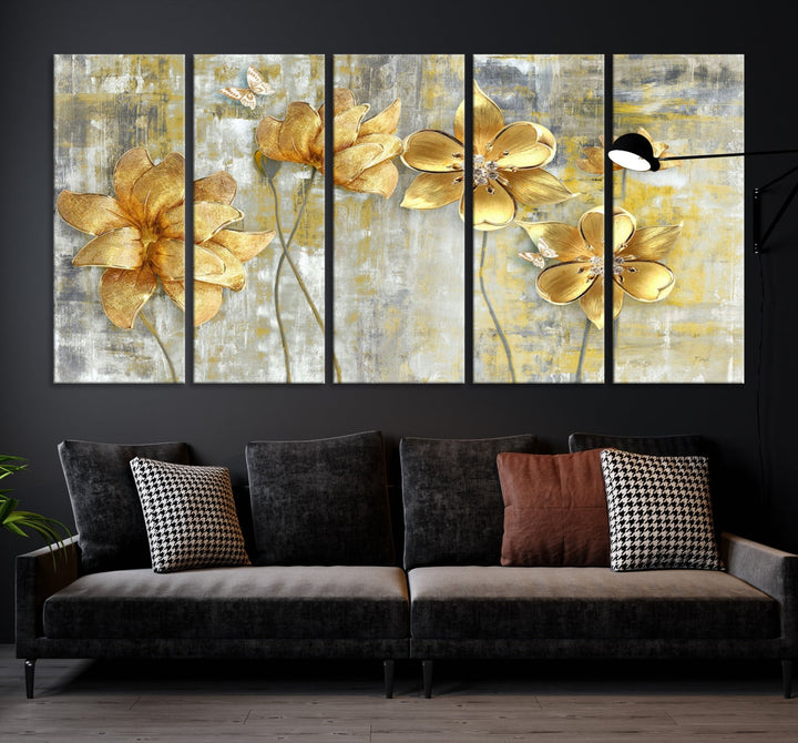 Lienzo decorativo para pared grande con flores doradas