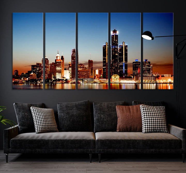 Detroit City Lights Sunset Skyline Cityscape View Wall Art Canvas Print