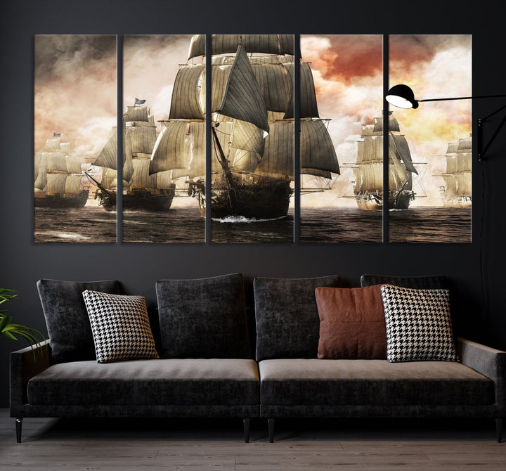Flota pirata lienzo pared arte impresión barcos piratas gran lienzo impresión vintage pintura arte náutico arte de la pared enmarcado listo para colgar