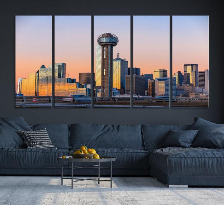 Dallas City Lights Sunrise Skyline Cityscape View Wall Art Canvas Print
