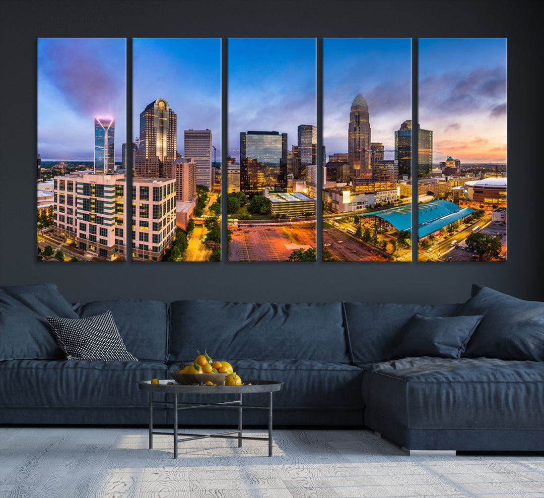 Charlotte City Lights Sunset Violet et Bleu Skyline Impression sur toile