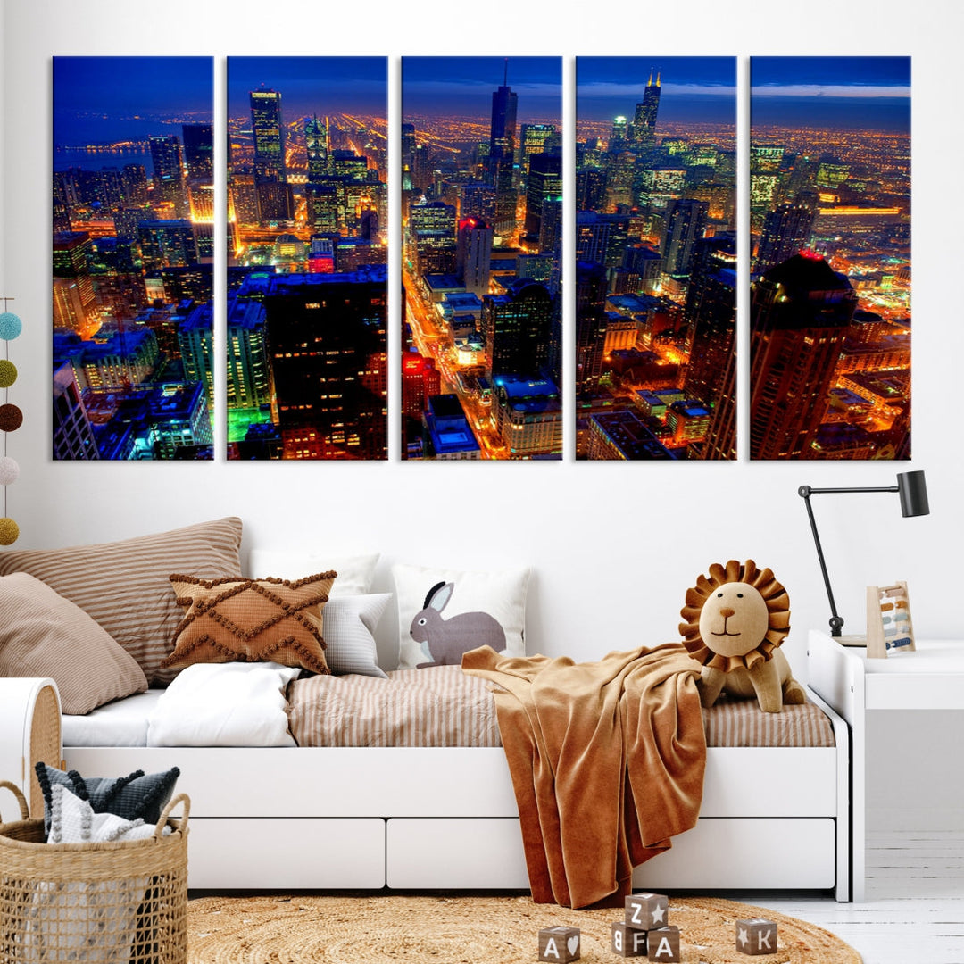 43320 - Cuadro en lienzo con diseño de horizonte nocturno de Chicago, paisaje urbano, enmarcado, listo para colgar