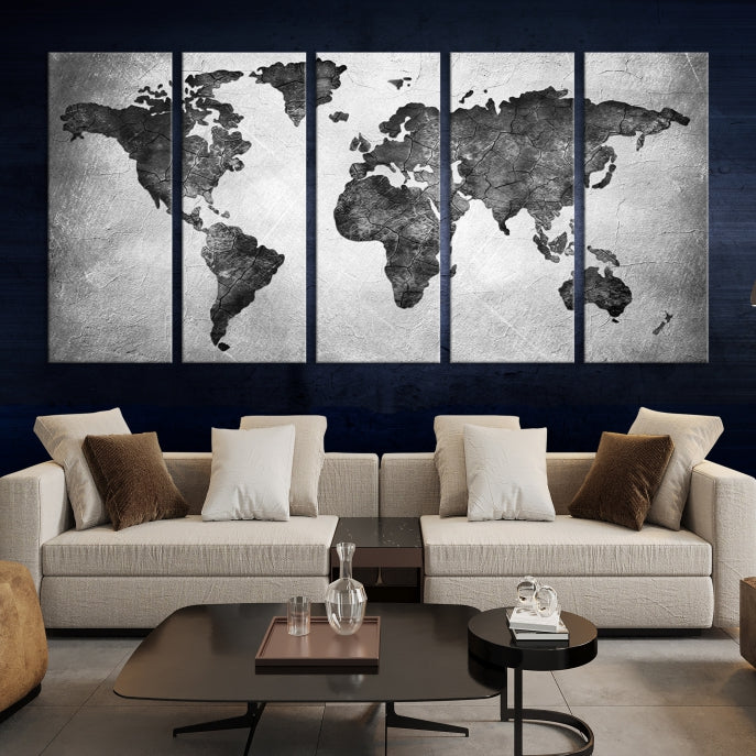Impresión artística en lienzo grande con mapa del mundo en negro y gris