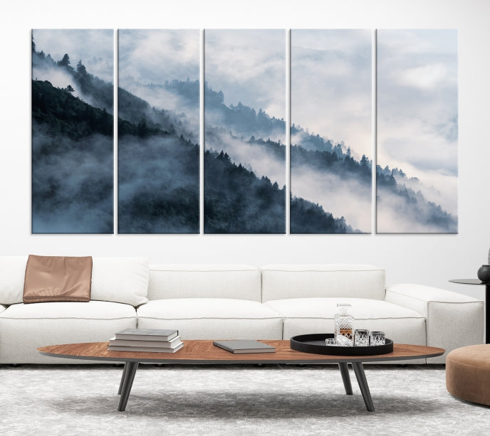 Impresión de lienzo de arte de pared grande de bosque brumoso, impresión de lienzo de arte de pared de montaña brumosa