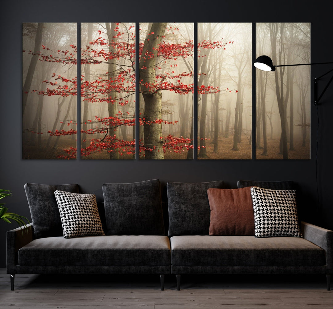 Red Forest Tree Leaves Wall Art Canvas