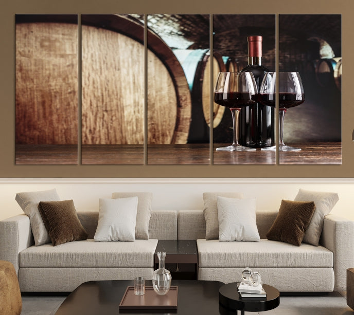 Lienzo decorativo para pared grande con vino y barril