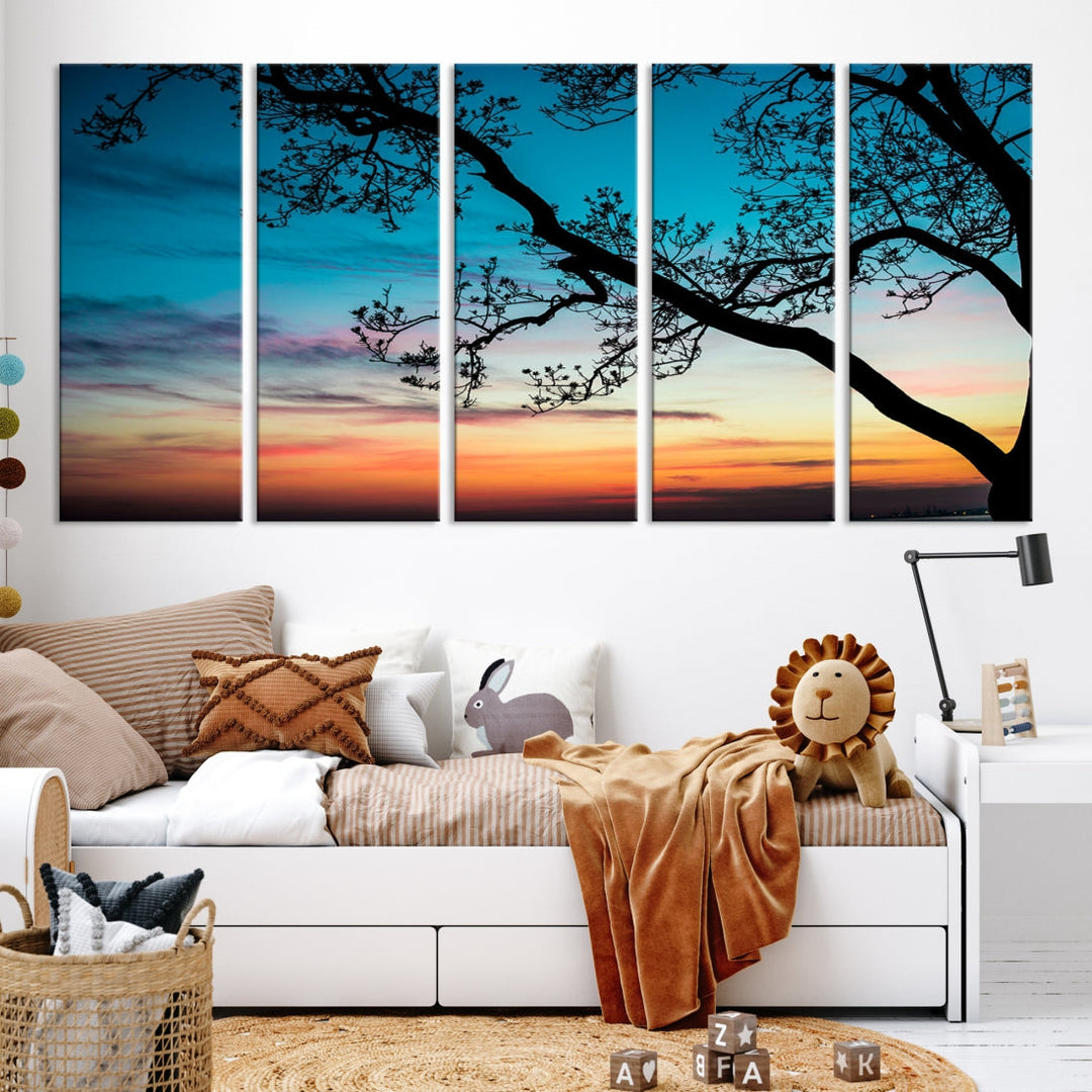 Impression sur toile d'art mural de feuilles d'arbre au coucher du soleil