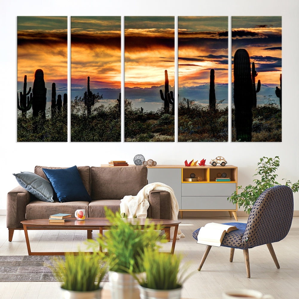 Lienzo del desierto de Phoenix, Arizona, arte de pared, paisaje, puesta de sol, estampado de Cactus, lienzo multipanel, decoración para las paredes del salón, arte en lienzo grande