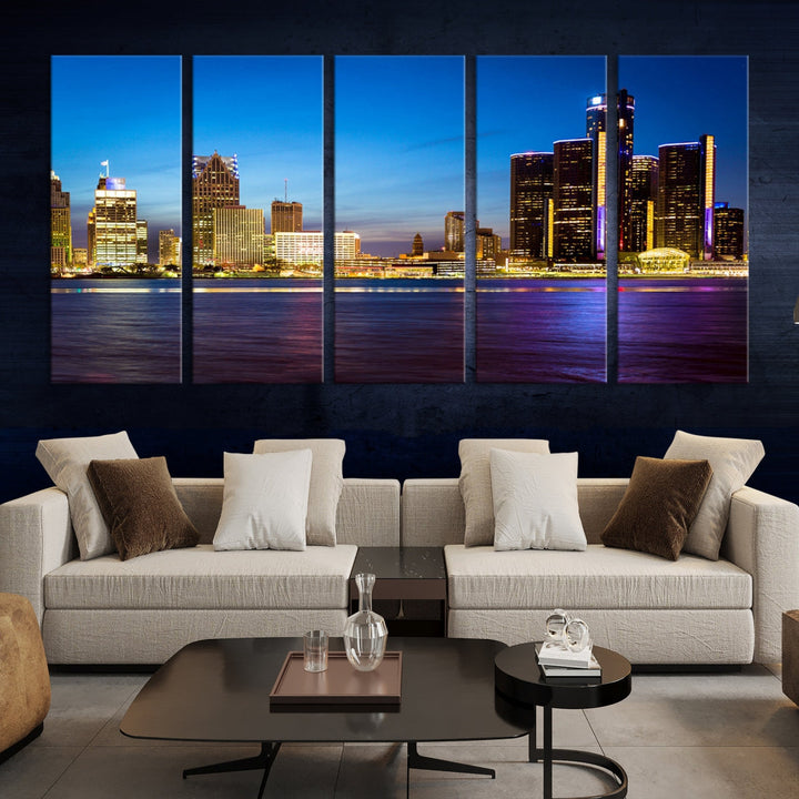 Detroit City Lights Night Bright Blue Skyline Paisaje urbano Vista Arte de pared grande Lienzo