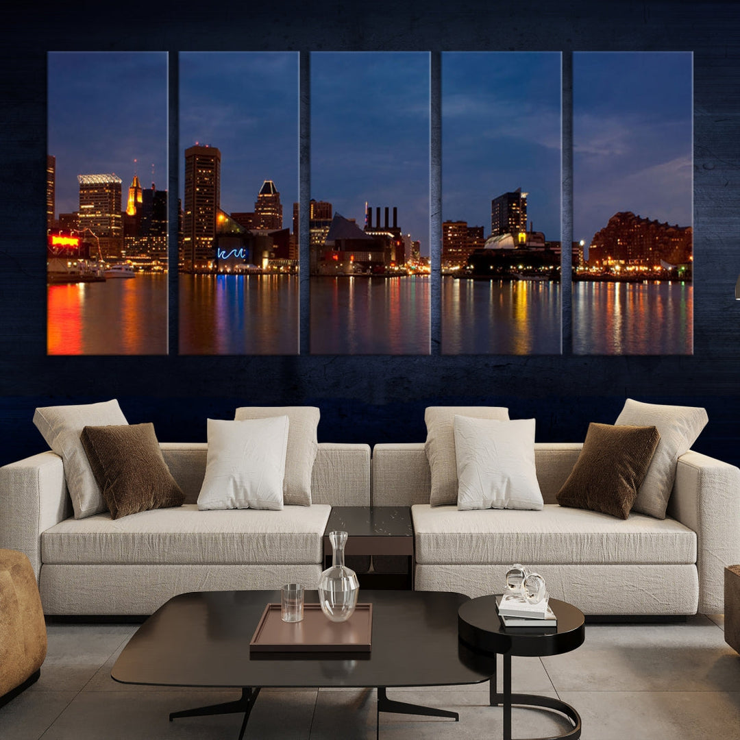 Lienzo decorativo para pared con vista del paisaje urbano del horizonte azul nocturno de las luces de la ciudad de Baltimore