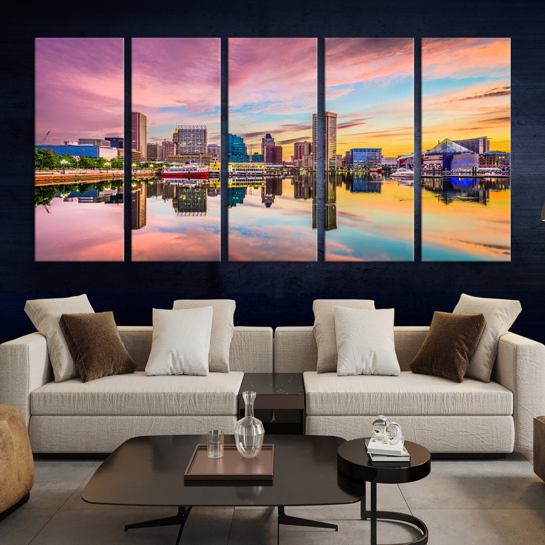 Baltimore City Lights Coucher de soleil rose et orange Skyline Cityscape View Wall Art Impression sur toile