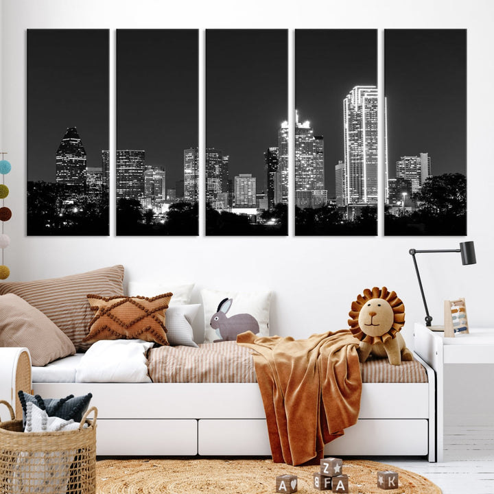Dallas City Lights Skyline Art mural noir et blanc Paysage urbain Impression sur toile