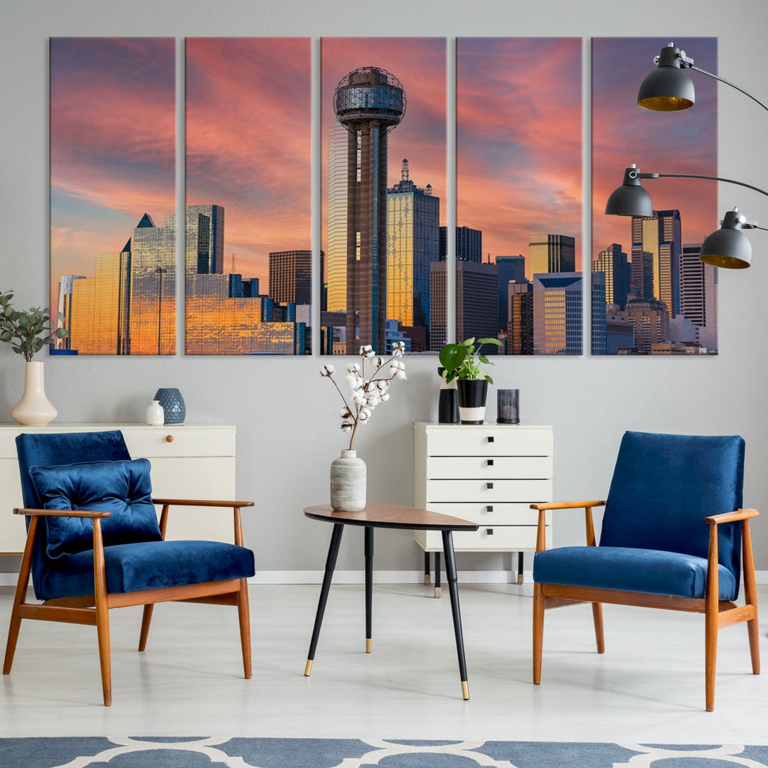 Impresión en lienzo de arte de pared grande con vista del paisaje urbano del horizonte del atardecer de la torre de la ciudad de Dallas