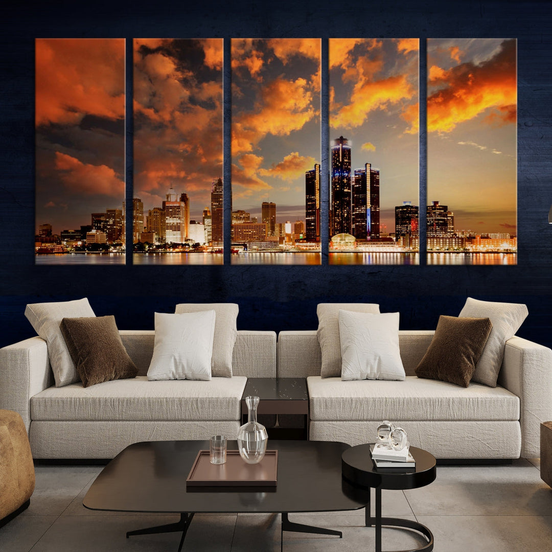 Detroit City Lights Coucher de soleil Orange Nuageux Skyline Paysage urbain Vue Art mural Impression sur toile