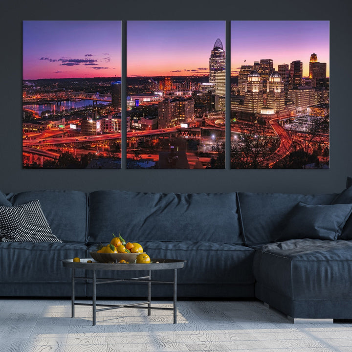 Cincinnati City Sunset Purple Skyline Cityscape View Wall Art Canvas Print